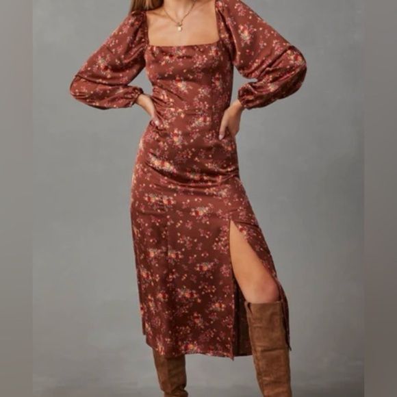 Vici Dresses & Skirts - Vici Satin Floral Square Neckline Long Puff Sleeve Midi Dress in Brown